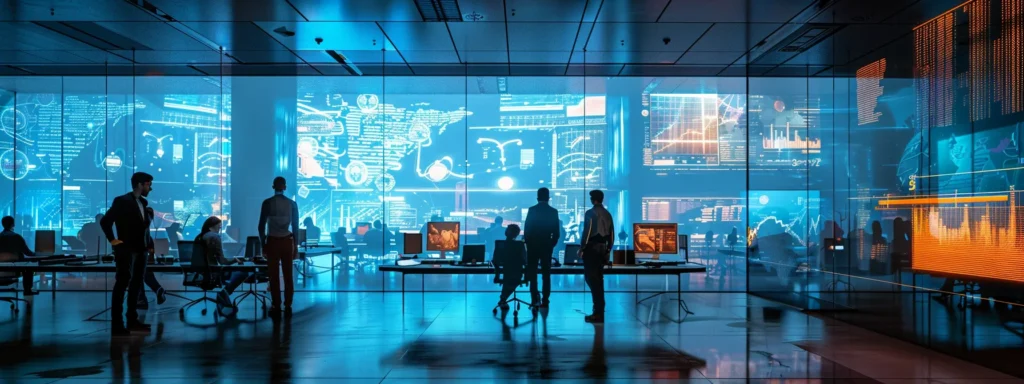 Best Brand Optimization Services - Hawkeye Digital Creators 8 a futuristic office bathed in soft, ambient lighting showcases a diverse team engaged in a dynamic brainstorming session, surrounded by digital screens displaying evolving marketing trends and analytics.