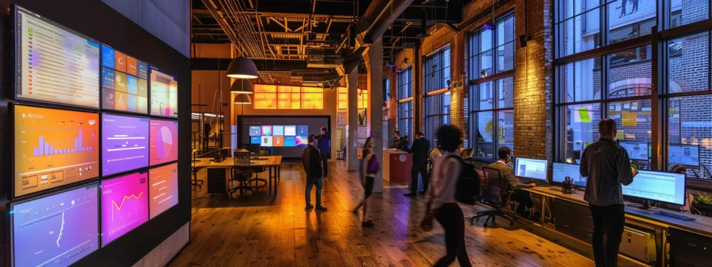 Best Brand Optimization Services - Hawkeye Digital Creators 4 a vibrant office space bustling with professionals analyzing digital marketing data on sleek monitors, surrounded by dynamic visuals of web design and customer engagement graphs, illuminated by soft, modern lighting.